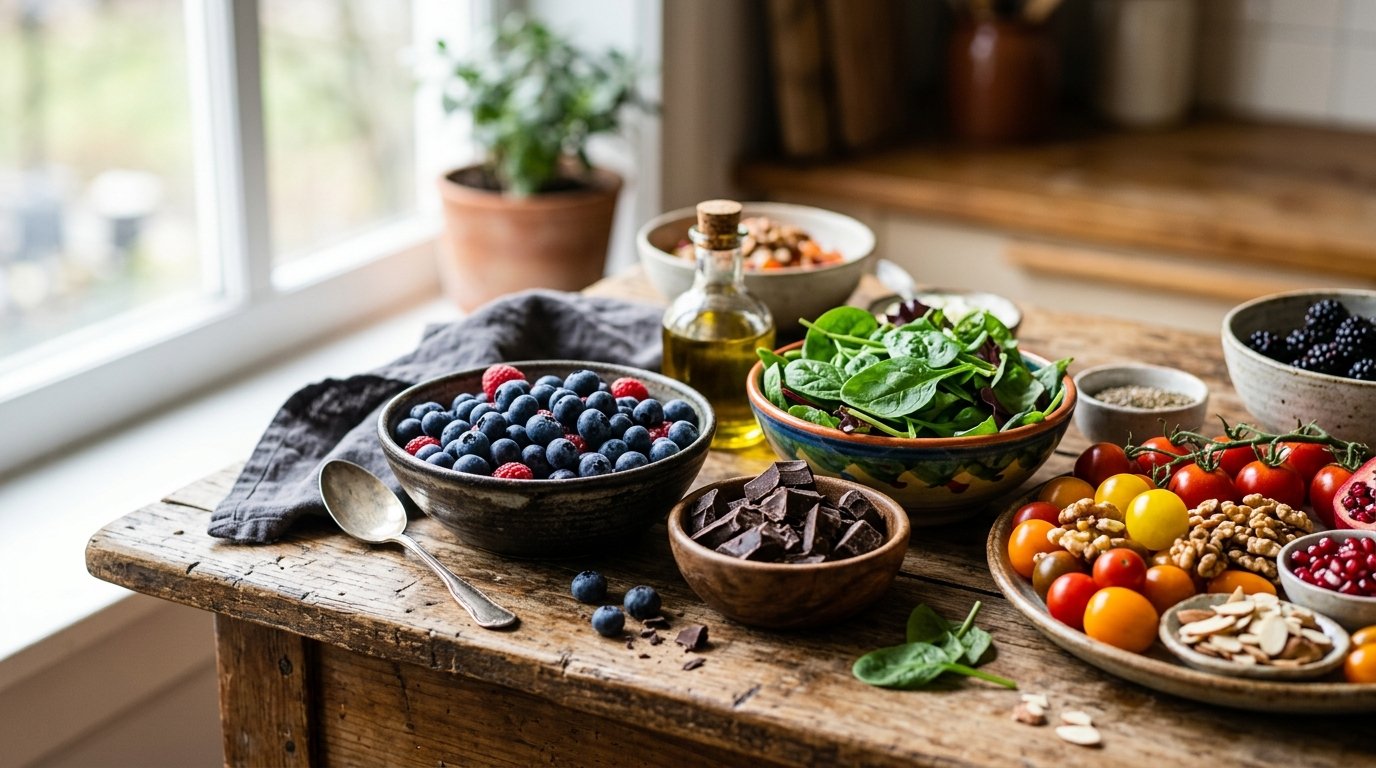 Bodegón de alimentos ricos en antioxidantes sobre una mesa rústica de madera.