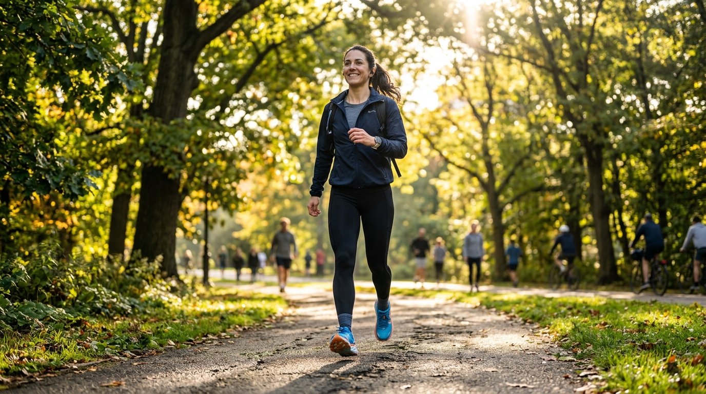Persona adulta caminando saludablemente en un parque soleado