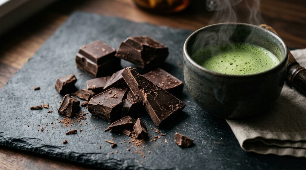Piezas de chocolate negro y una taza de té verde matcha.