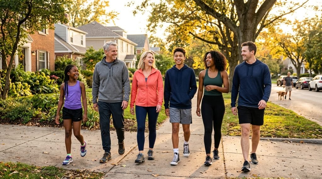 Grupo de amigos disfrutando de una caminata al atardecer