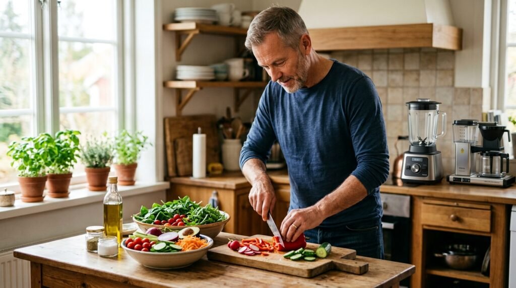 Hombre maduro preparando una ensalada llena de vegetales nutritivos en su cocina.