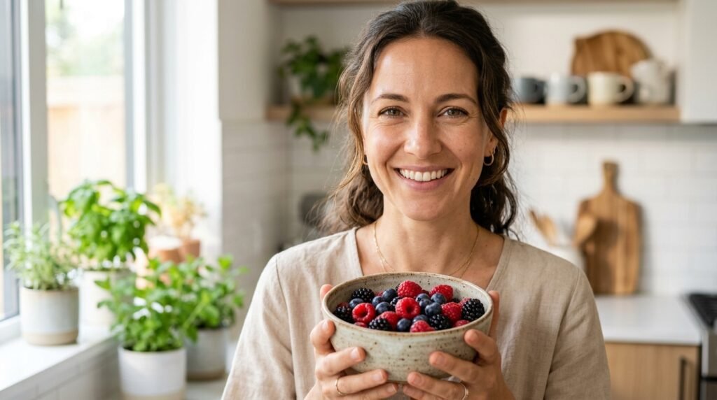 Mujer saludable sosteniendo un tazón de frutos rojos en su cocina.