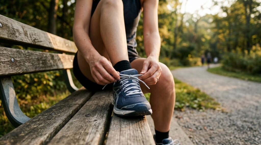 Persona atando los cordones de sus zapatillas antes de caminar