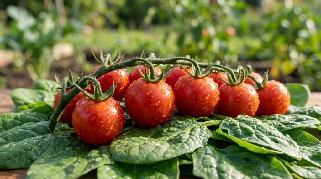 Tomates cherry frescos y hojas de espinaca con gotas de agua.
